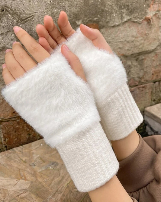 White fur fingerless gloves