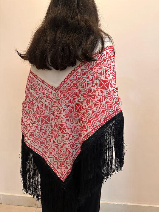 White / Red Shawl with Black Endings
